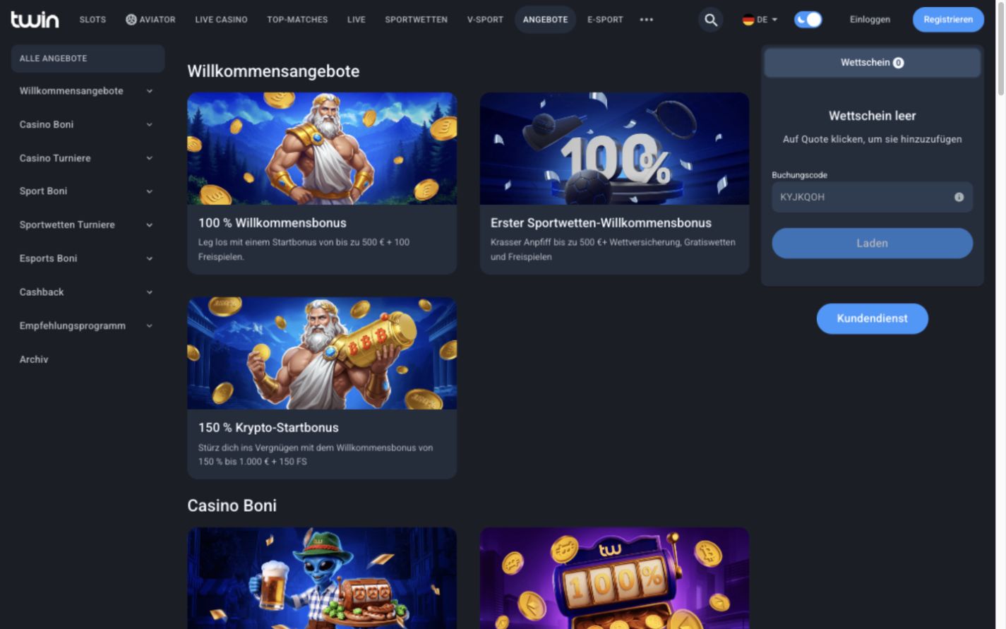 Desktop-Ansicht der Twin-Seite „Angebote“ mit Karten für Willkommensangebote und Casino-Boni